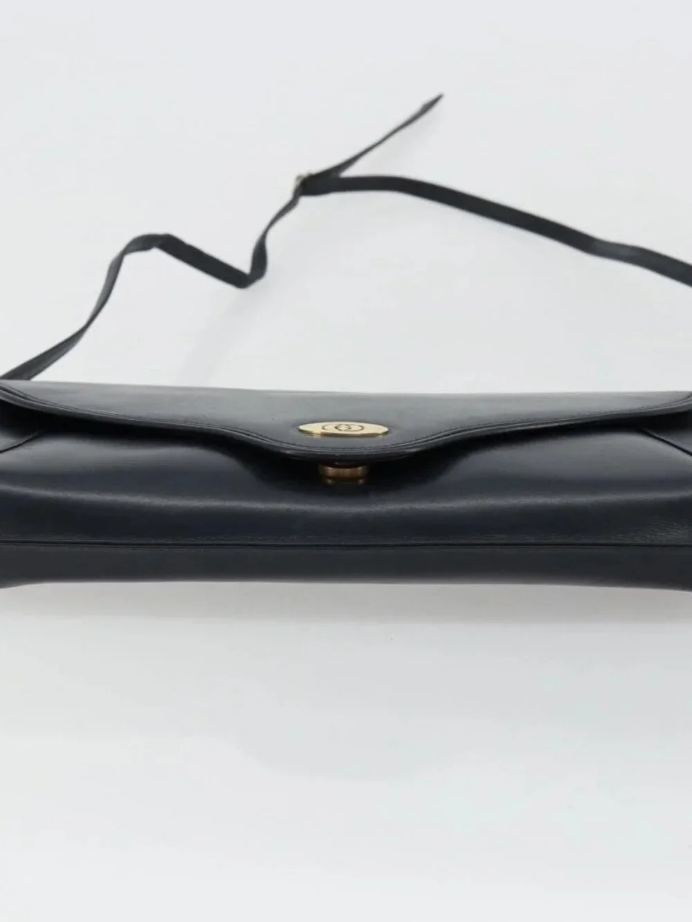 GUCCI Old Shoulder Bag Leather Navy Gold Auth